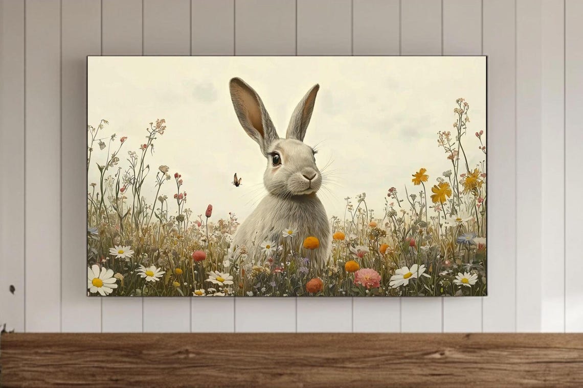 Vintage Bunny Rabbit among Daisies and Butterflies Spring Art Print