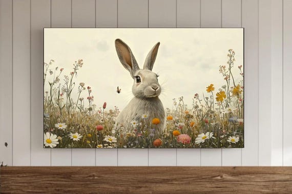 Cute Easter Bunny Samsung Frame Tv Wall Art Spring Decoration Screensaver Wildflowers Painting Vintage