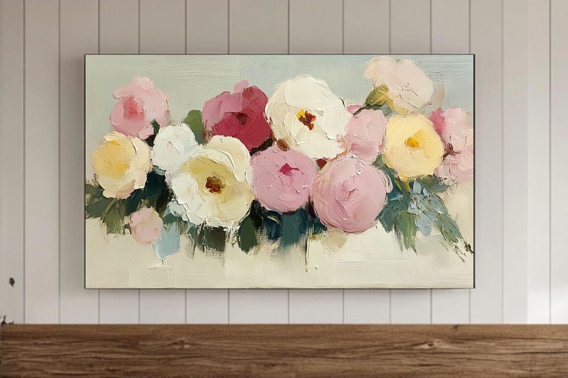 Vintage Peony Row Pink Red White Yellow Impasto Floral Poster