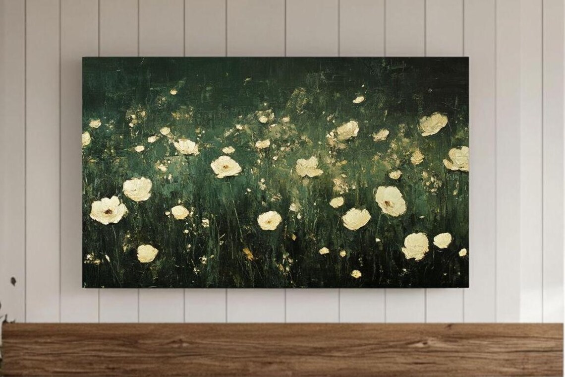 White Poppies Dark Green Meadow Moody Floral Oil Painting Poster