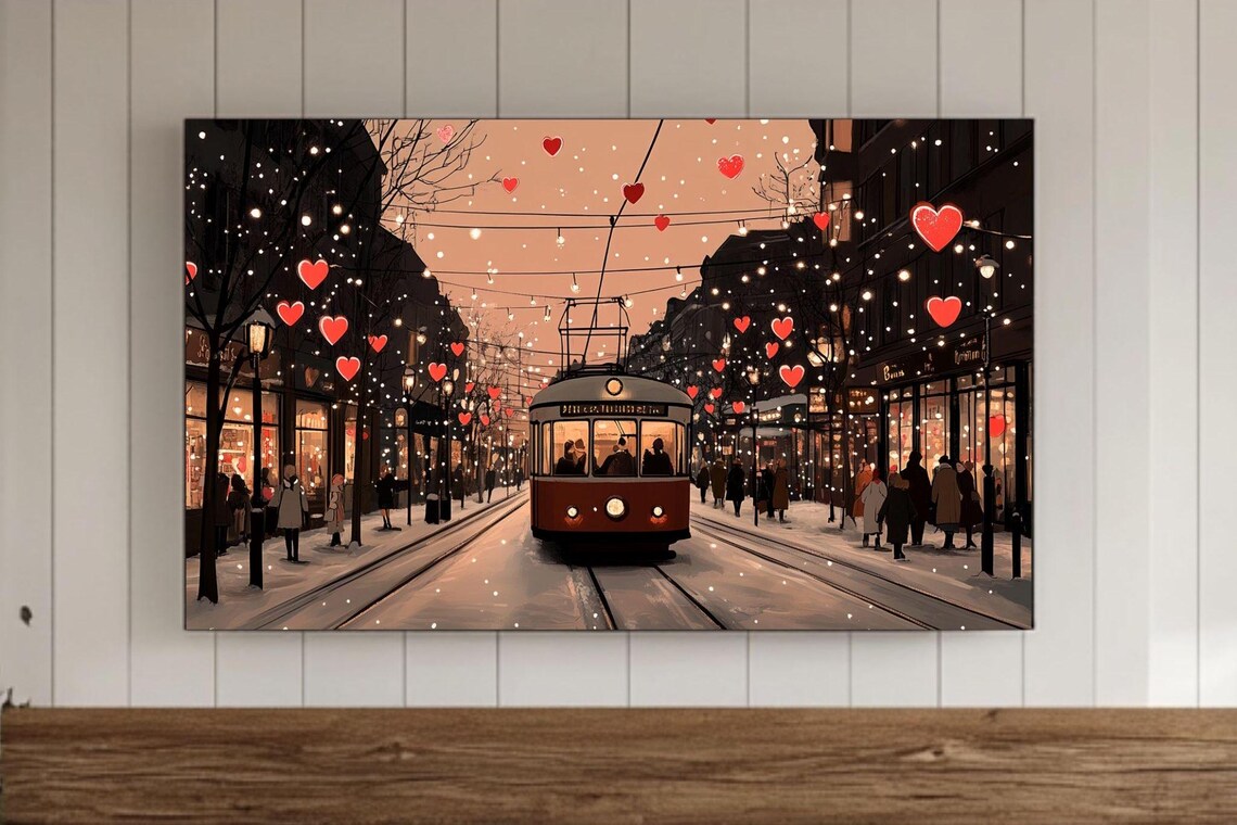 Red Tram on Snowy Street With Hearts and Fairy Lights Winter Poster