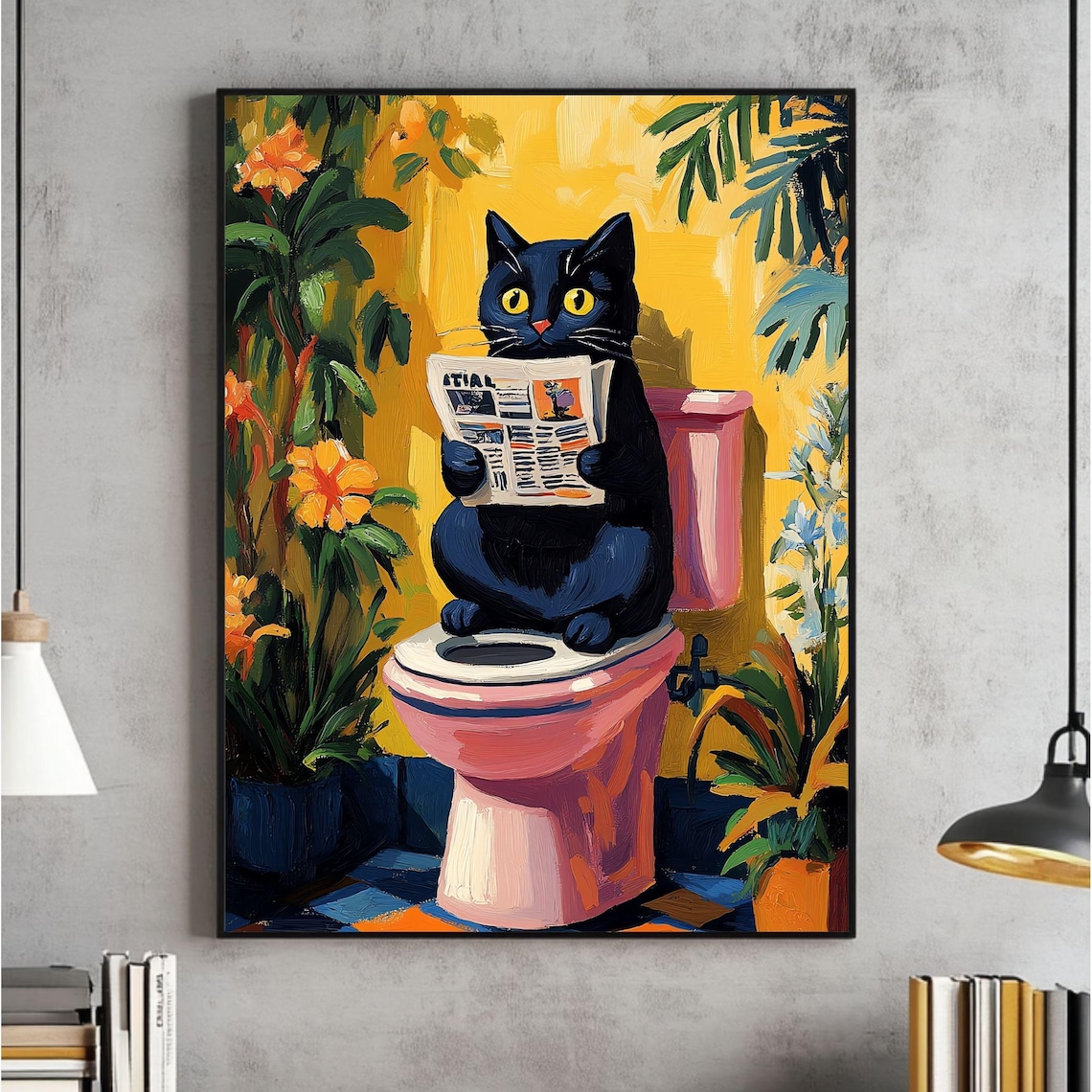 Funny Black Cat Reading On A Pink Toilet Tropical Art Poster
