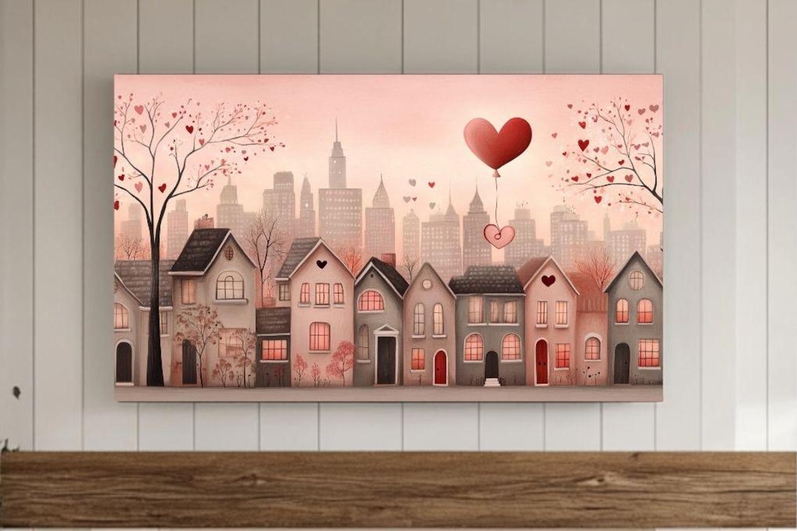 Valentine Village Heart Balloons City Skyline Love Art Poster