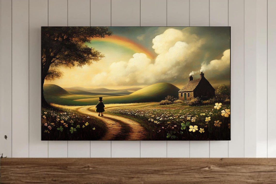 Irish Cottage Rainbow Path With Shamrocks St Patricks Day Poster