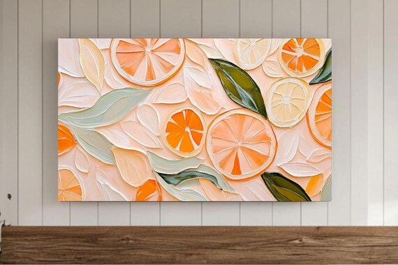 Textured Orange Lemon Slices Green Leaves Citrus Kitchen Poster