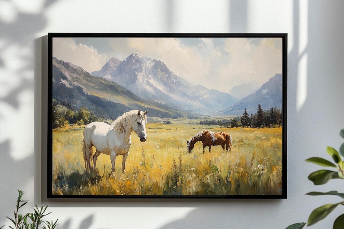 White And Brown Horses In Mountain Meadow Wild Horse Country Poster