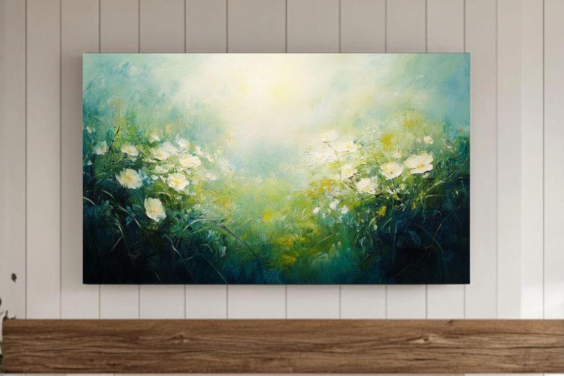 White Wildflowers Blue Green Mist Dreamy Floral Garden Poster