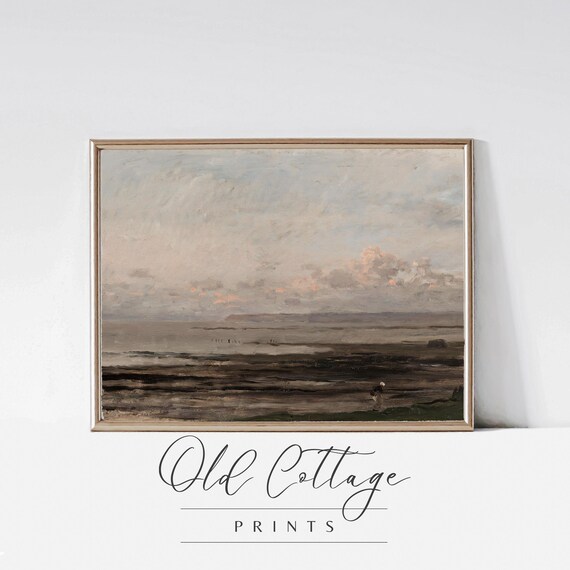 Beach Sunset Pink Clouds Calm Sea Vintage Coastal Painting Poster