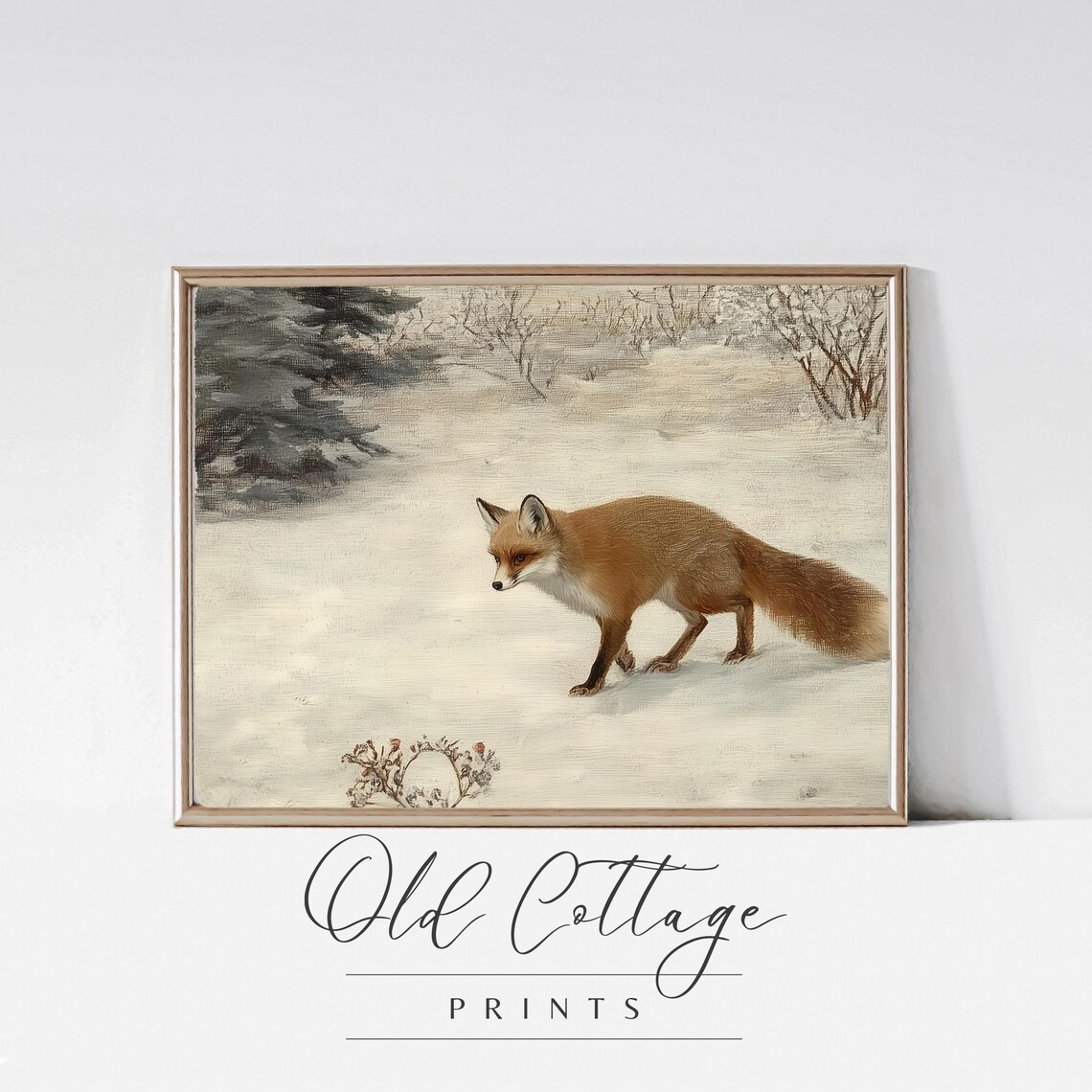 Red Fox in Fresh Snow Wildlife Painting Vintage Winter Nature Art Poster