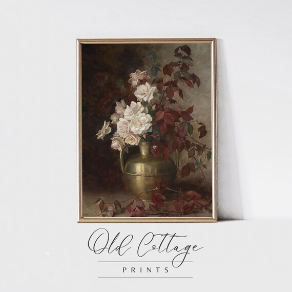 Moody Floral Bouquet Art Blush Pink Roses Brass Vase Remastered Flowers Dark Academia Flower Painting