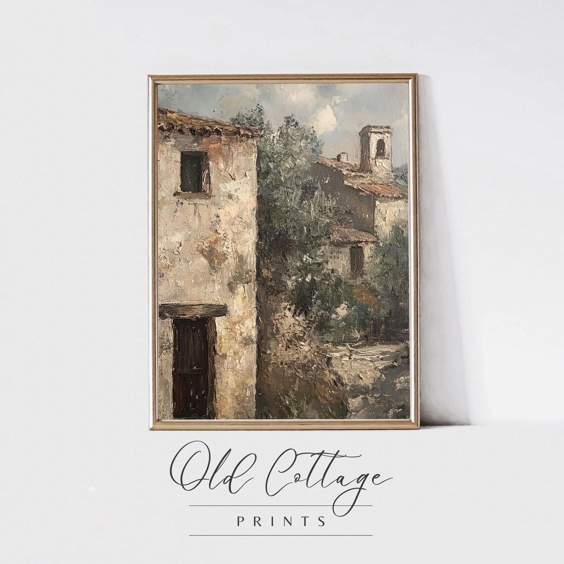 Rustic Village Serene Landscape, Vintage Stone Buildings