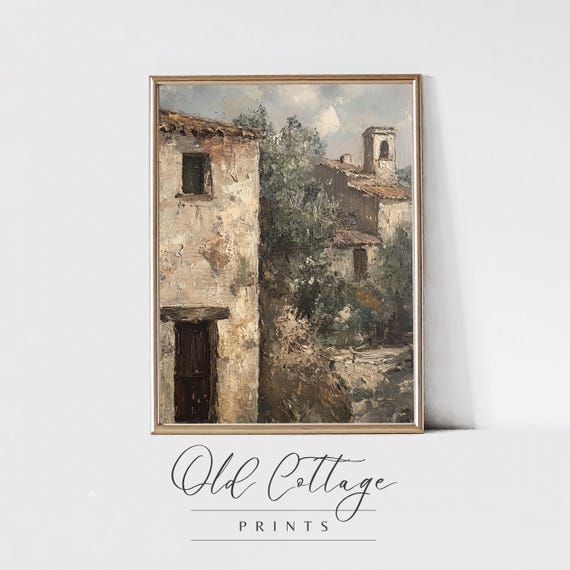 Rustic Village Serene Landscape, Vintage Stone Buildings