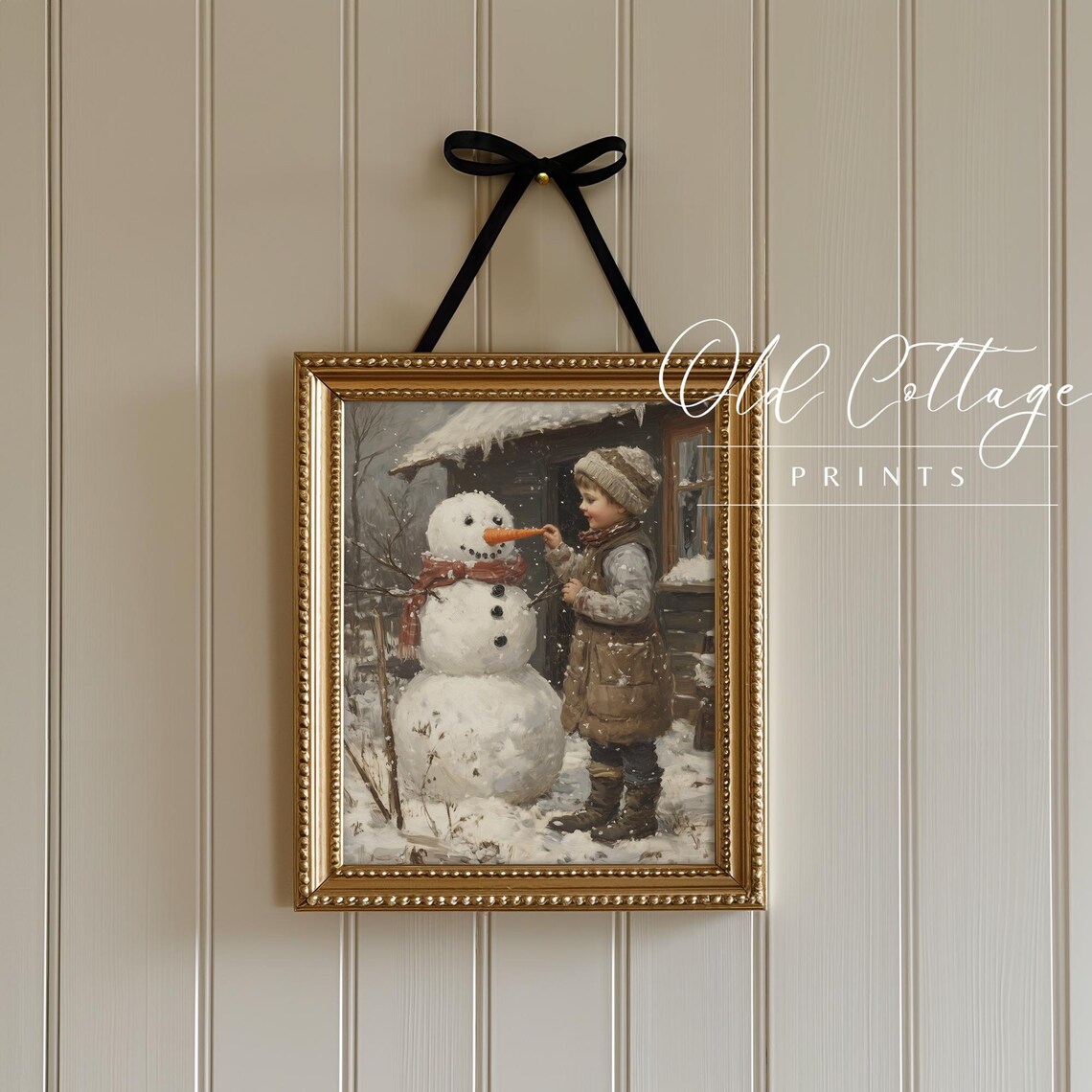 Child Building Snowman Carrot Nose Winter Scene Vintage Painting Poster - Image 2