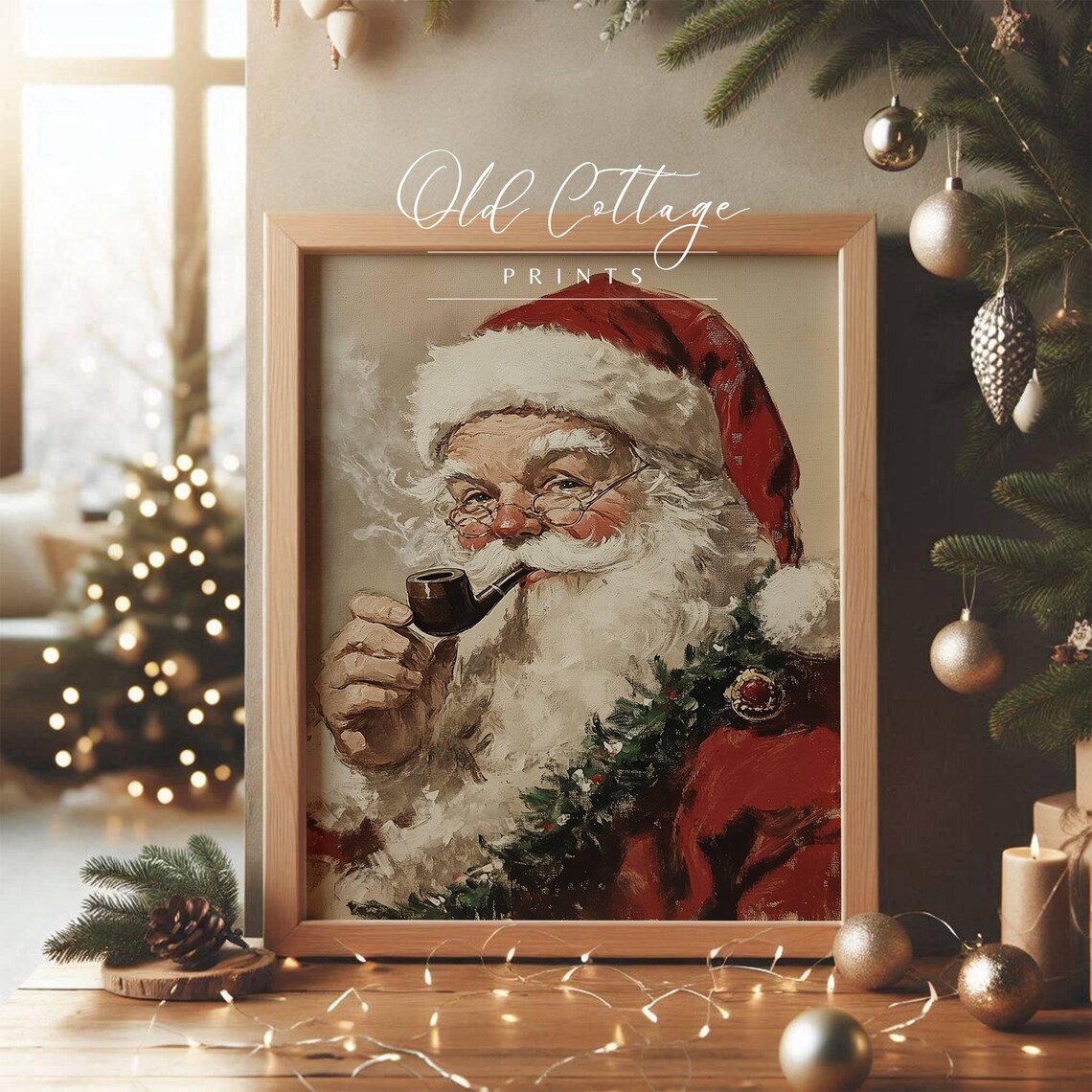 Vintage Santa Claus Smoking Pipe Classic Christmas Oil Painting Poster - Image 3