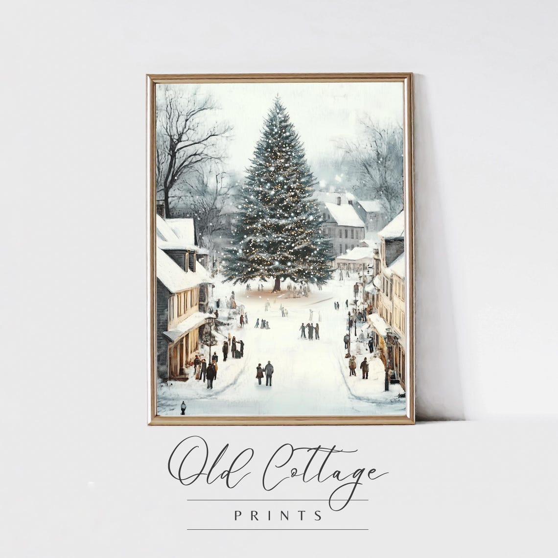 Snowy Village Square With Giant Lit Christmas Tree Winter Poster