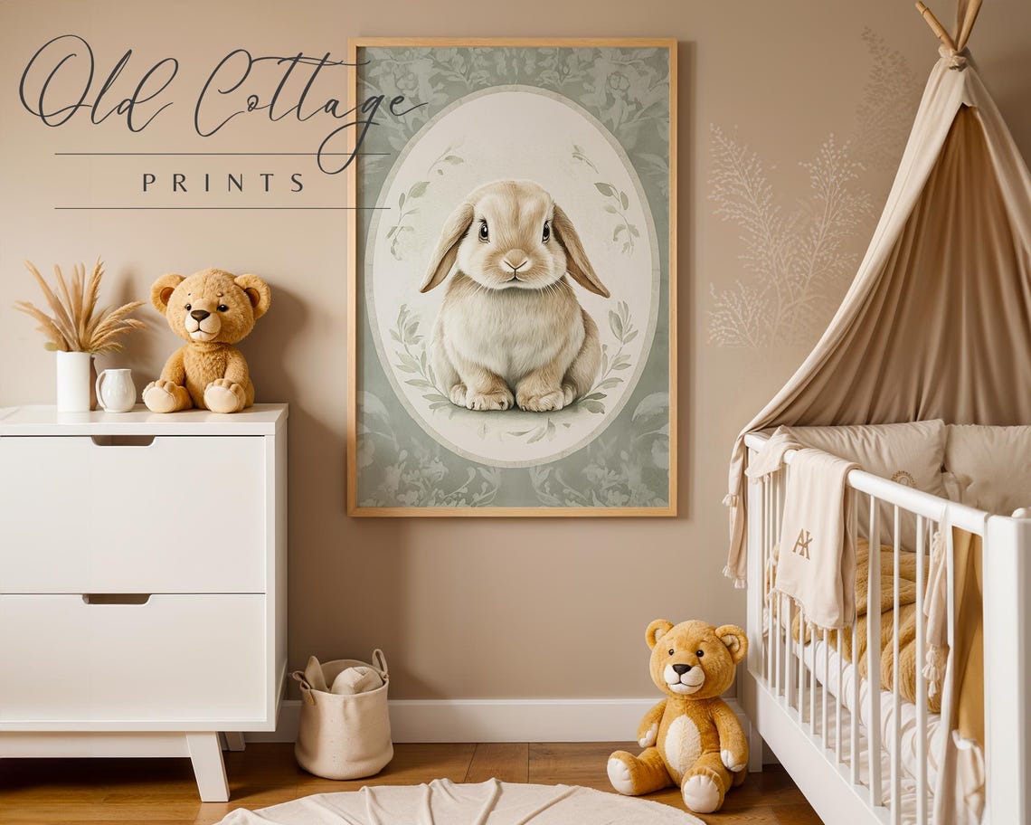 Adorable Bunny Portrait In Oval Frame With Sage Floral Border Poster - Image 3