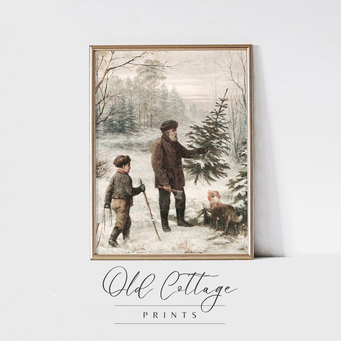 Father and Son Picking Christmas Tree Vintage Winter Art Poster