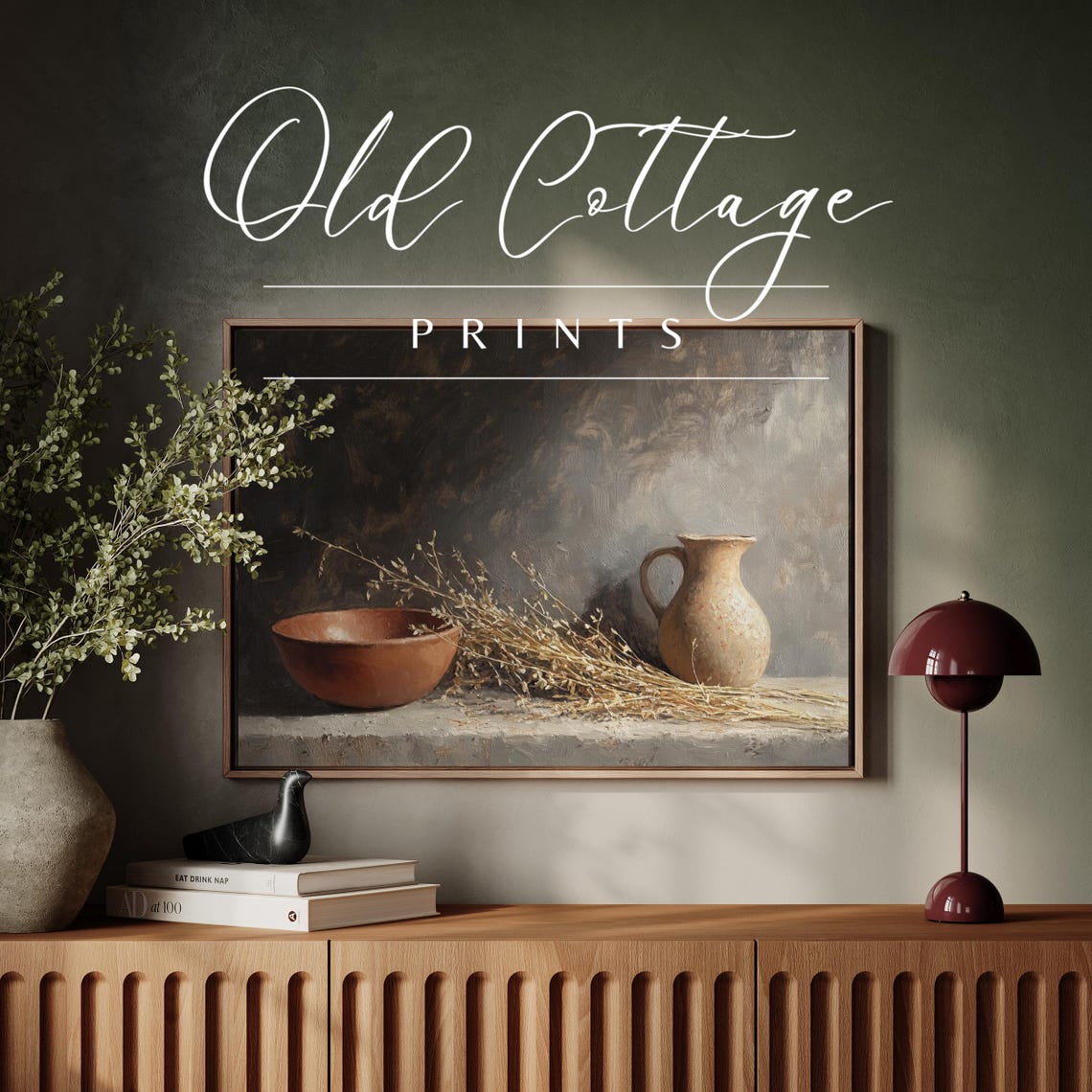 Rustic Clay Pitcher and Bowl with Dried Wheat Dark Still Life Poster - Image 2