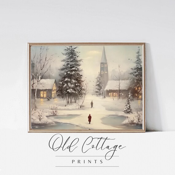 Snowy Village At Dusk With Church Steeple In Winter Landscape Poster