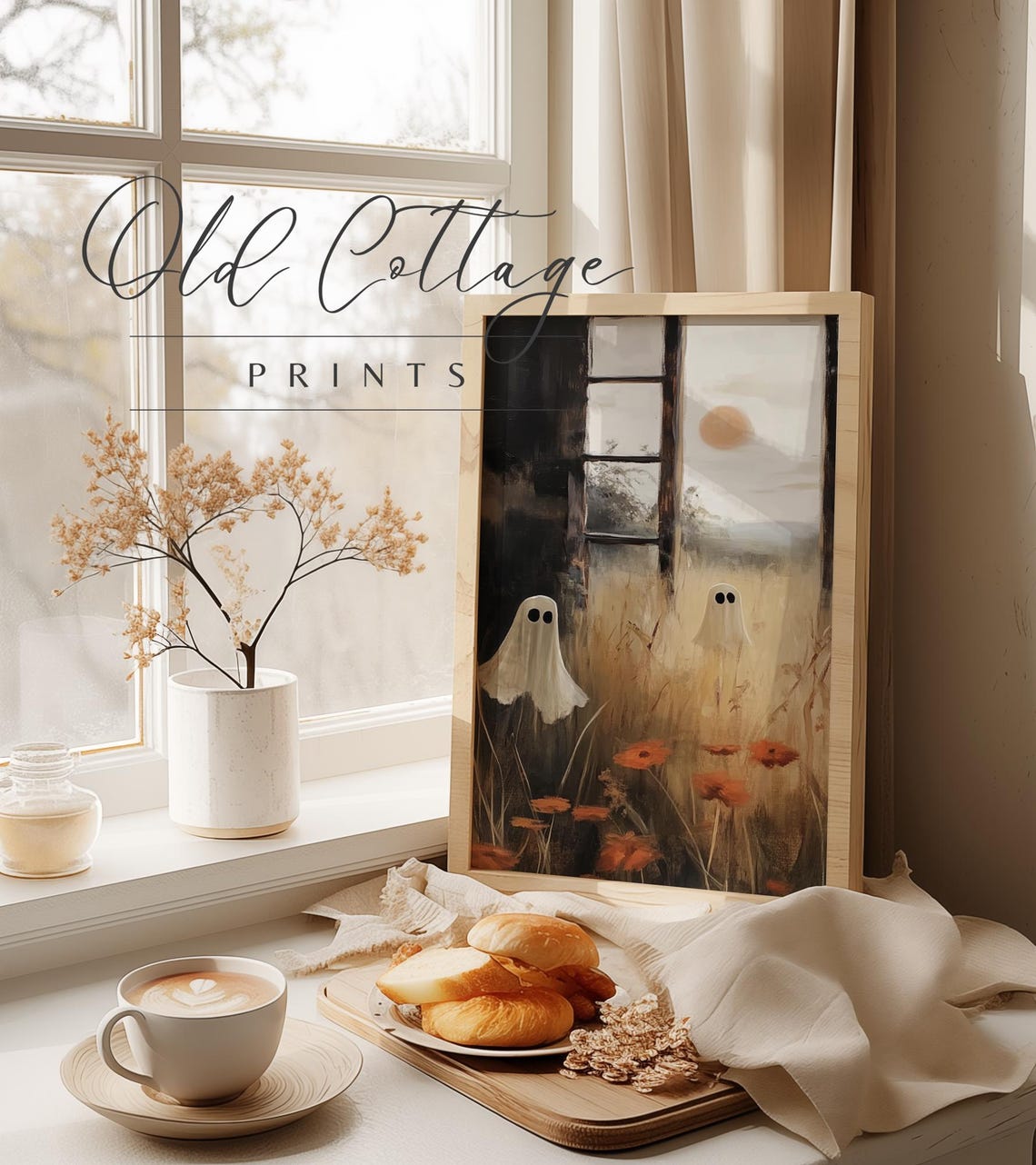 Two Ghosts in Tall Grass by Old Barn Cute Halloween Art Poster - Image 2