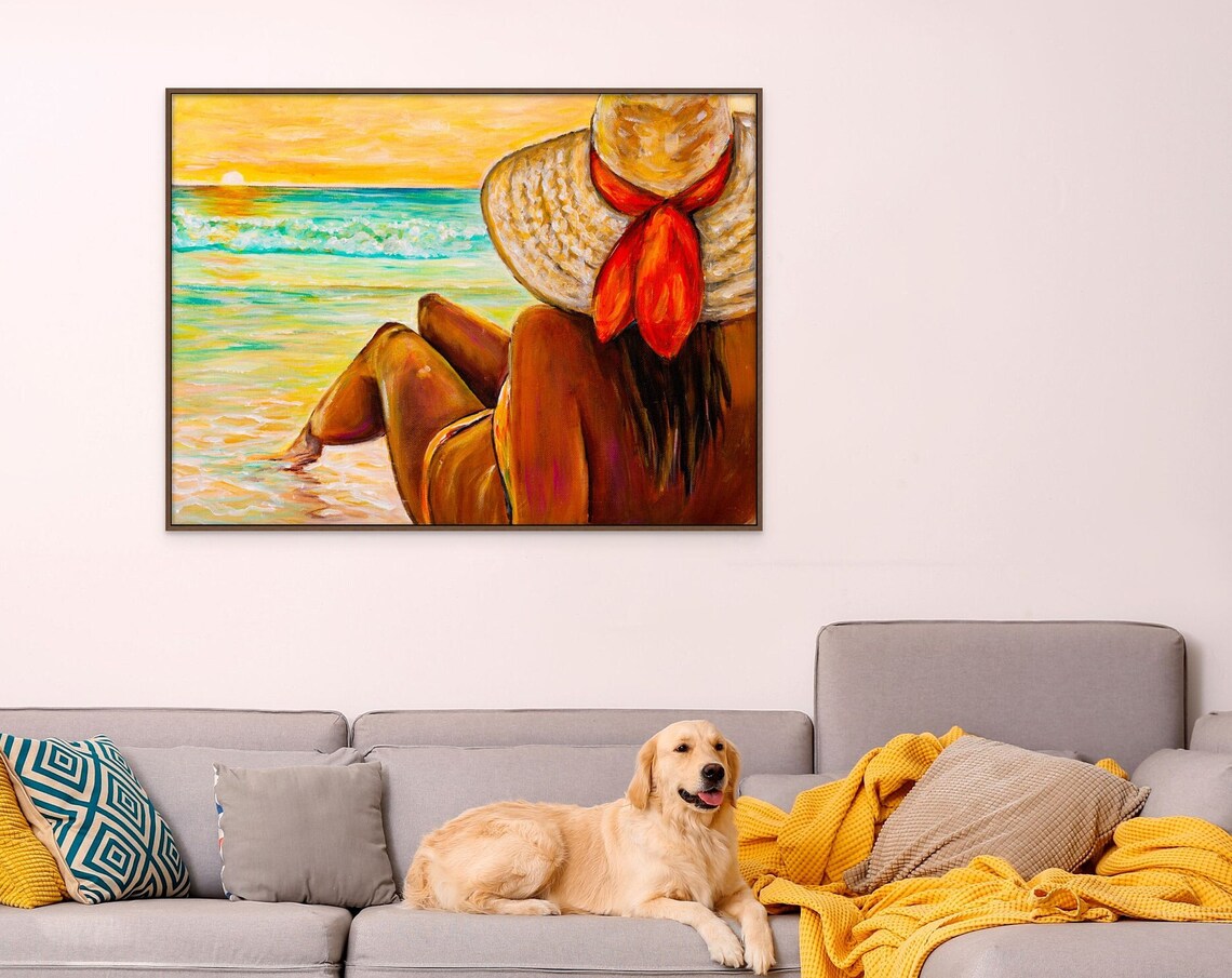 Woman Watching Sunset Beach Golden Hour Straw Hat Ocean Poster - Image 2