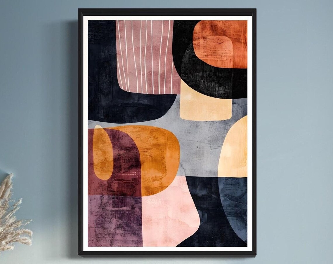Pastel Geometric Abstract Bold Black Ochre Pink Shapes Wall Art Print