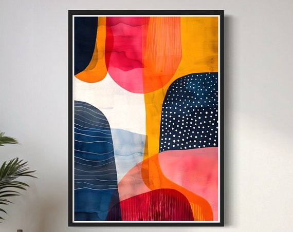 Colourful Shapes Abstract Art Print Dots Watercolour Geometric Line Painting Nordic Design Artwork Colour Splash Pop Home Wall Decor Gift