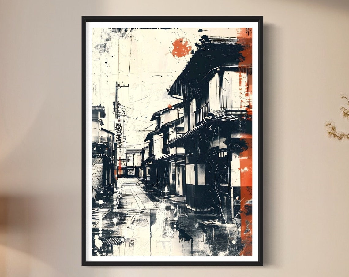 Streets Of Japan Art Print Abstract Monochrome Ink Style Drawing Splash Of Red Urban Cityscape Wall Decor Contemporary Japanese Painting