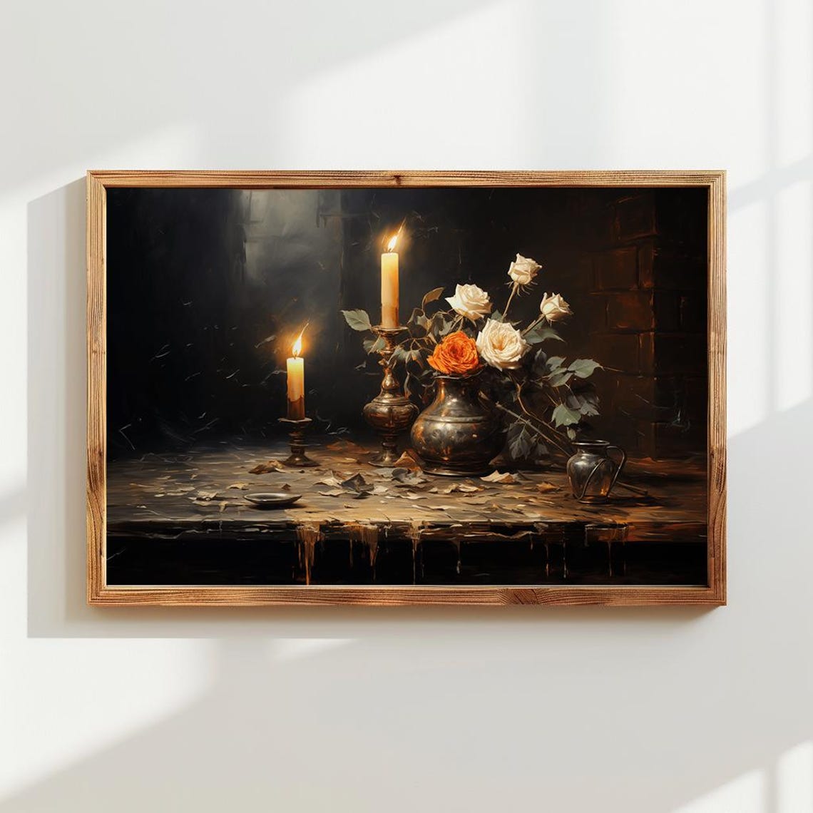 Candlelit Roses Rustic Still Life Dark Moody Painting Poster