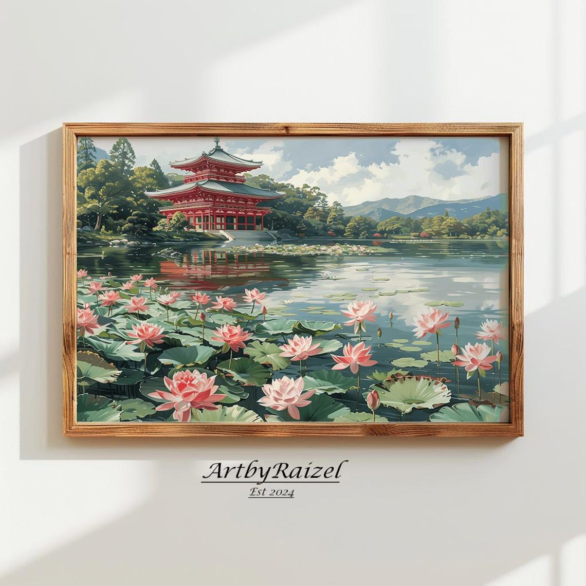 Red Pagoda By Lotus Pond Summer Japanese Landscape Art Poster