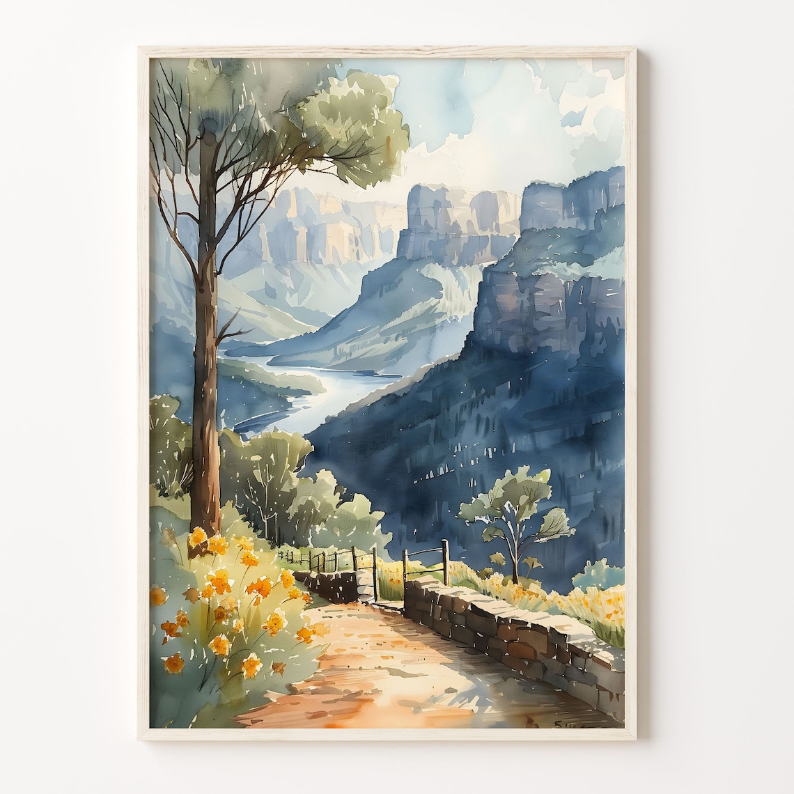 Blue Mountains Australia Canyon Vista Wildflowers Watercolor Poster