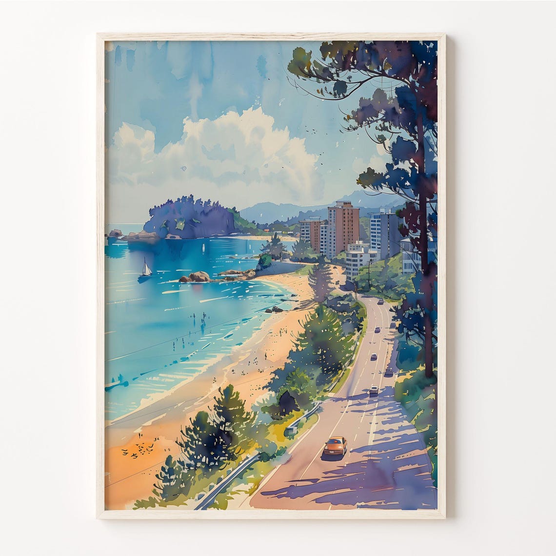 Mount Maunganui New Zealand Beach Watercolor Painting Poster