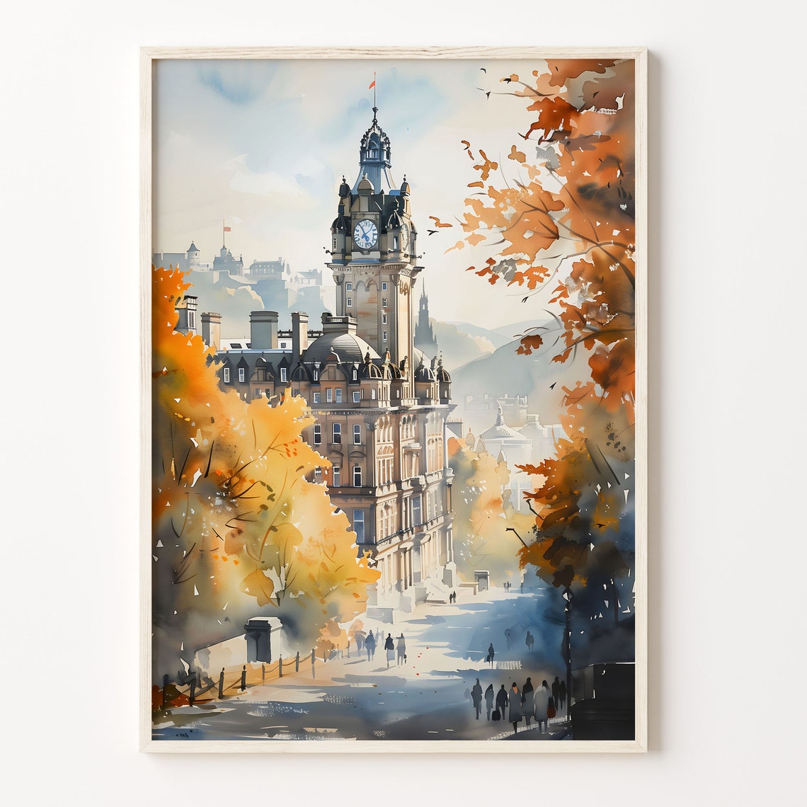 Edinburgh Scotland Castle Clock Tower Autumn Street Watercolor Poster
