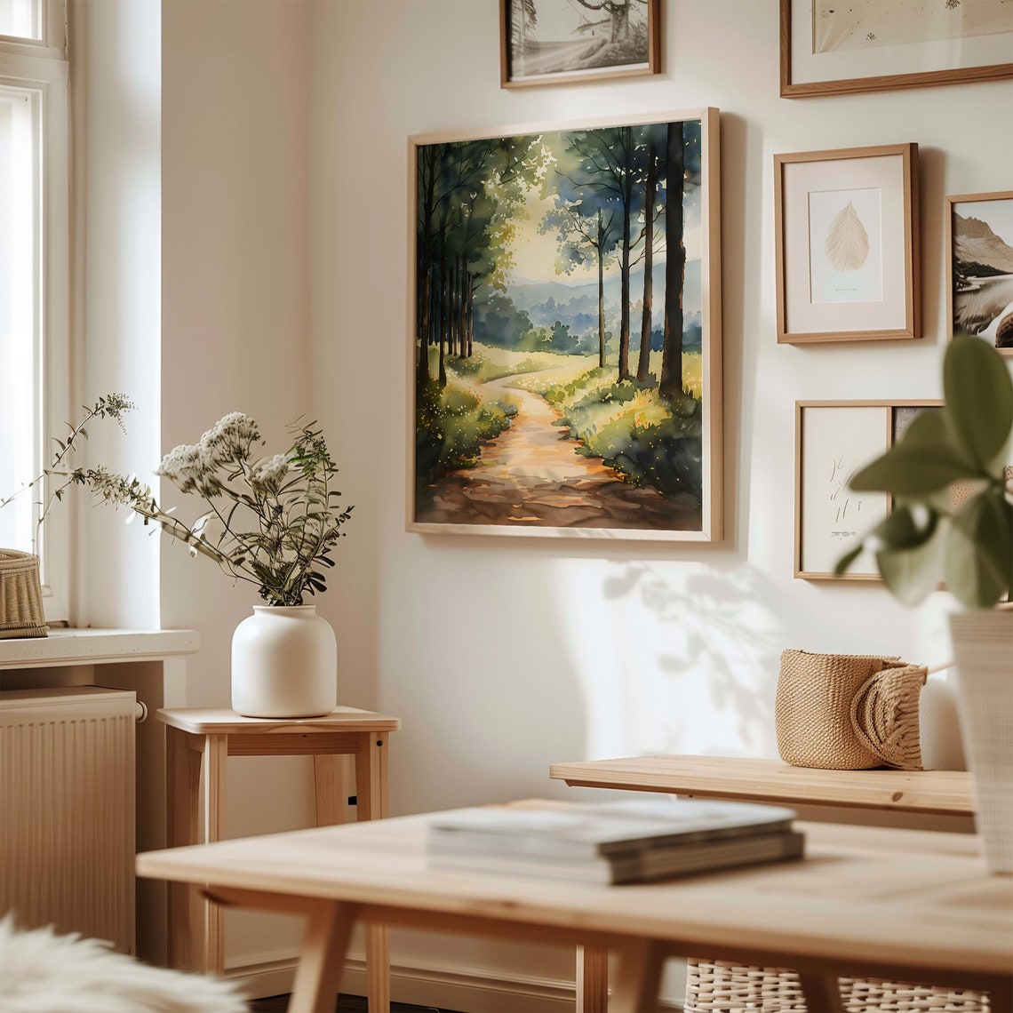 Sunlit Forest Path Watercolor Poster Tall Trees Golden Meadow Walk - Image 3