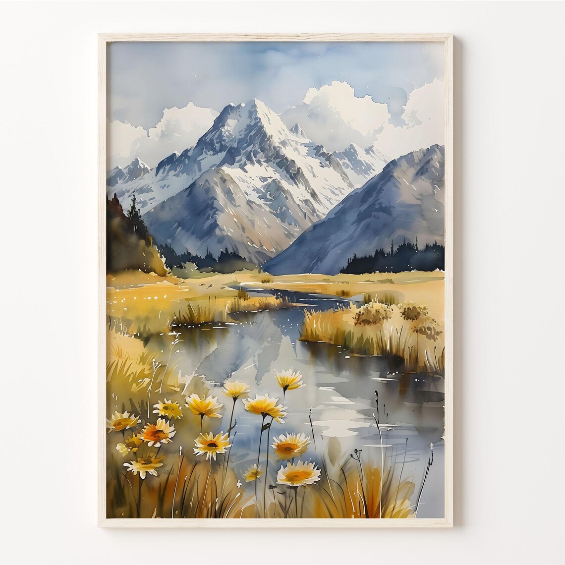 Mount Cook New Zealand Snow Peak Lake Daisies Watercolor Poster