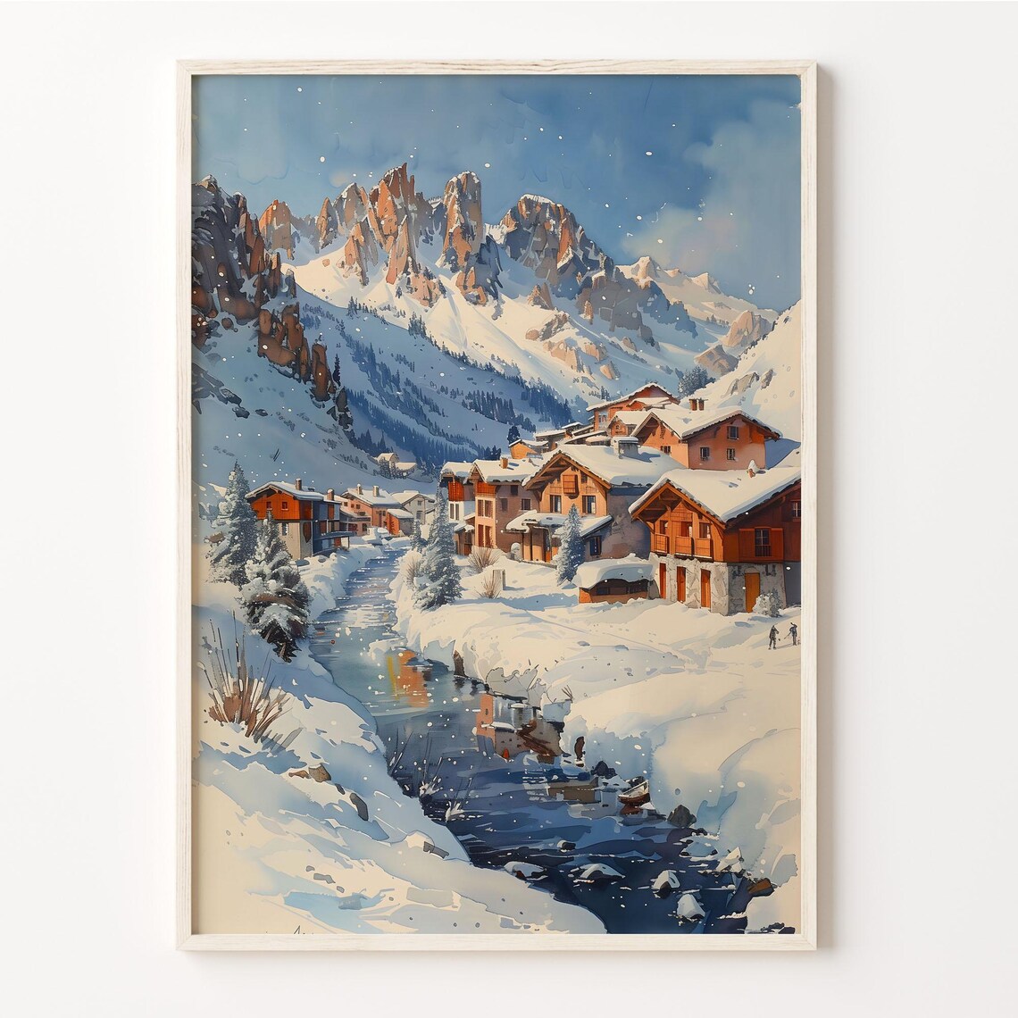 Tignes France Snowy Alpine Village Winter Watercolor Travel Poster