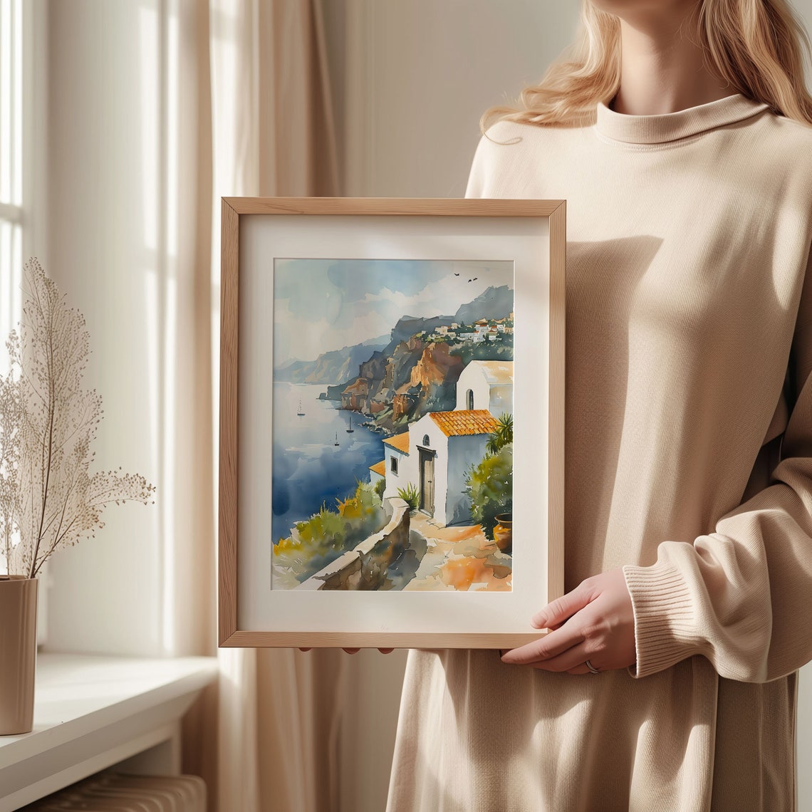 Santorini Whitewashed Cliffside Village Aegean Watercolor Poster - Image 2