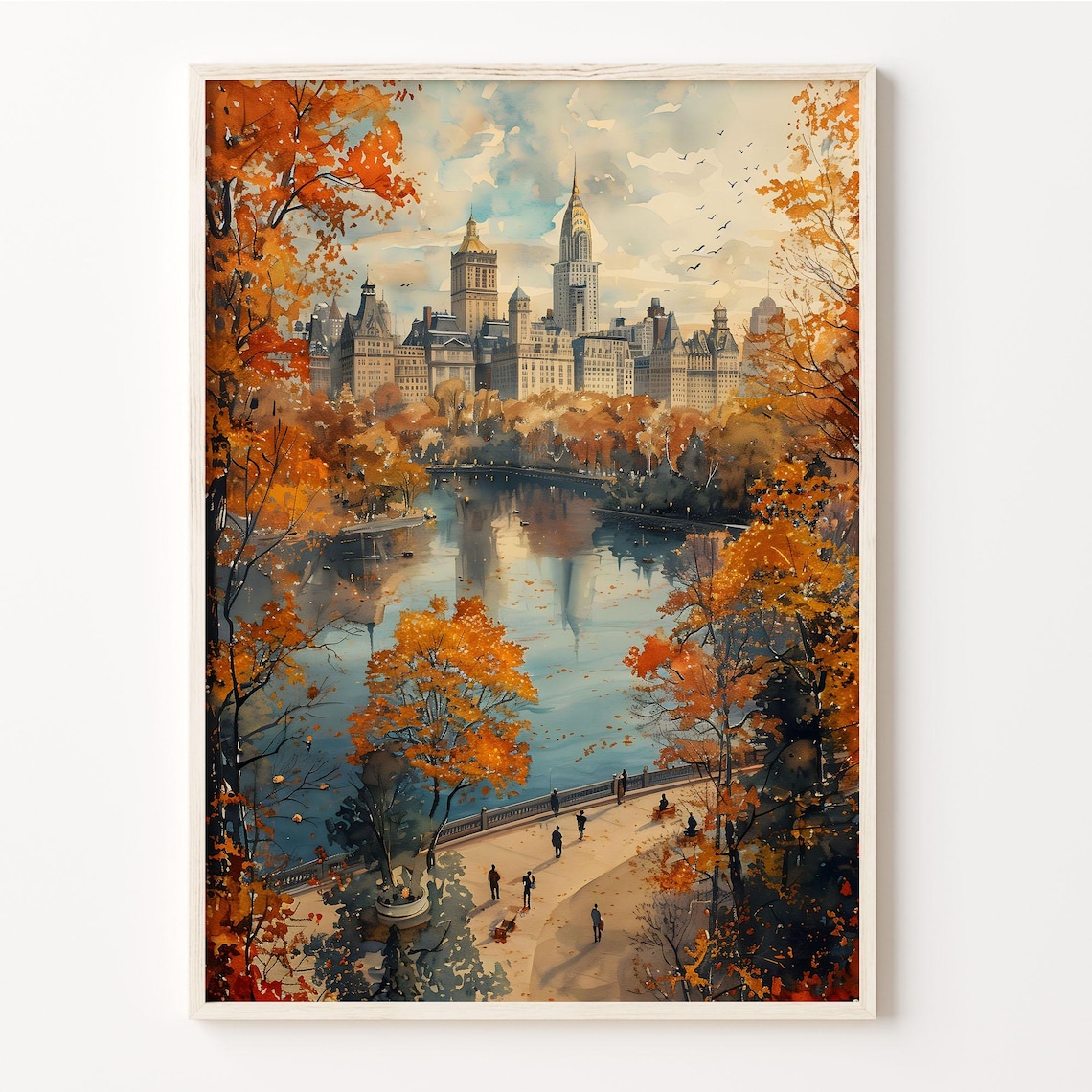 Central Park New York Autumn Lake Skyline Watercolor Travel Poster