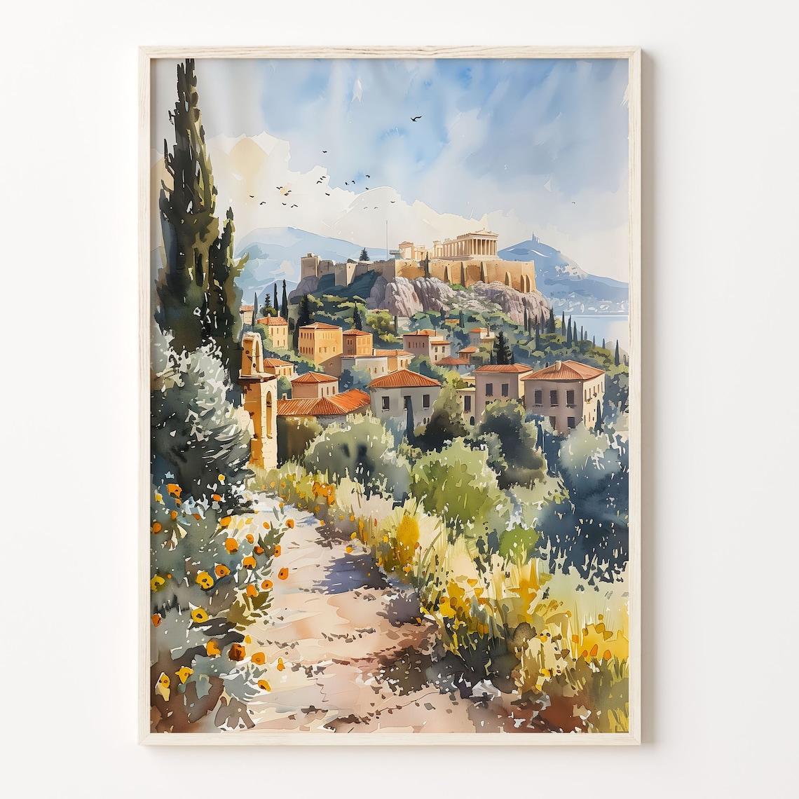 Athens Greece Acropolis Parthenon Hill Cypress Watercolor Poster