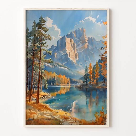 Yosemite National Park Granite Cliffs Alpine Lake Autumn Watercolor Poster
