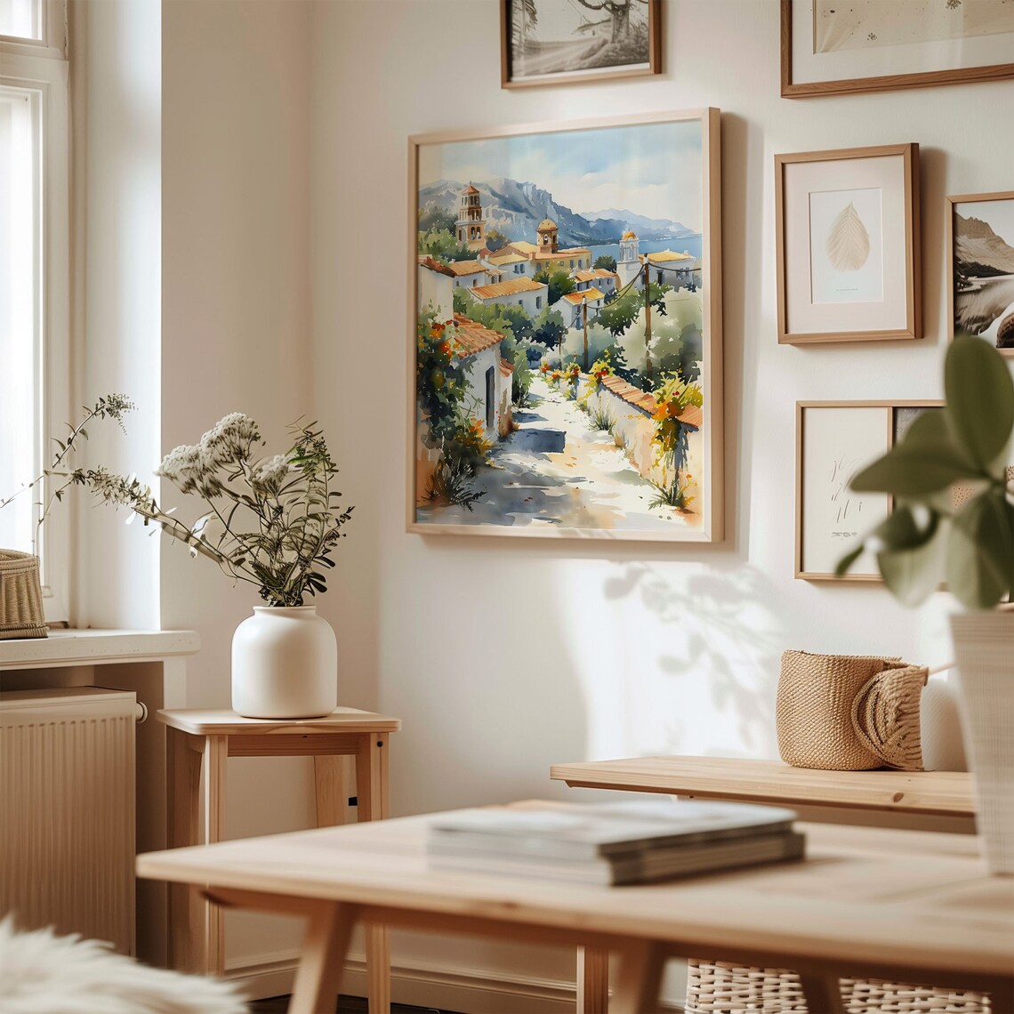 Athens Greece Coastal Village Church Towers Watercolor Poster - Image 3