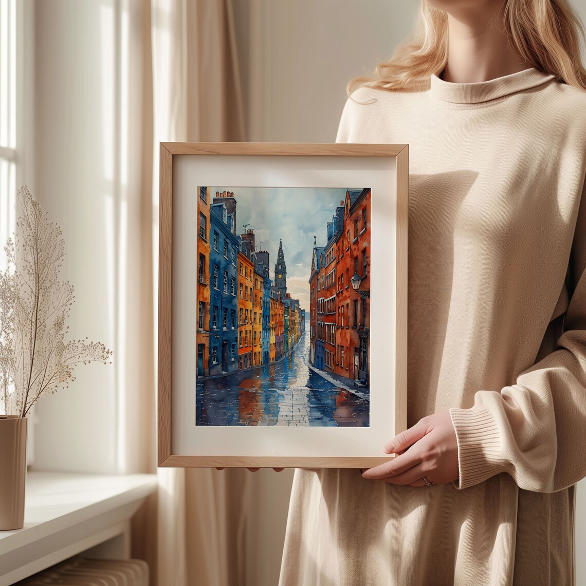 Dublin Street Watercolor Poster Colorful Houses Spire Wet Cobbles - Image 2