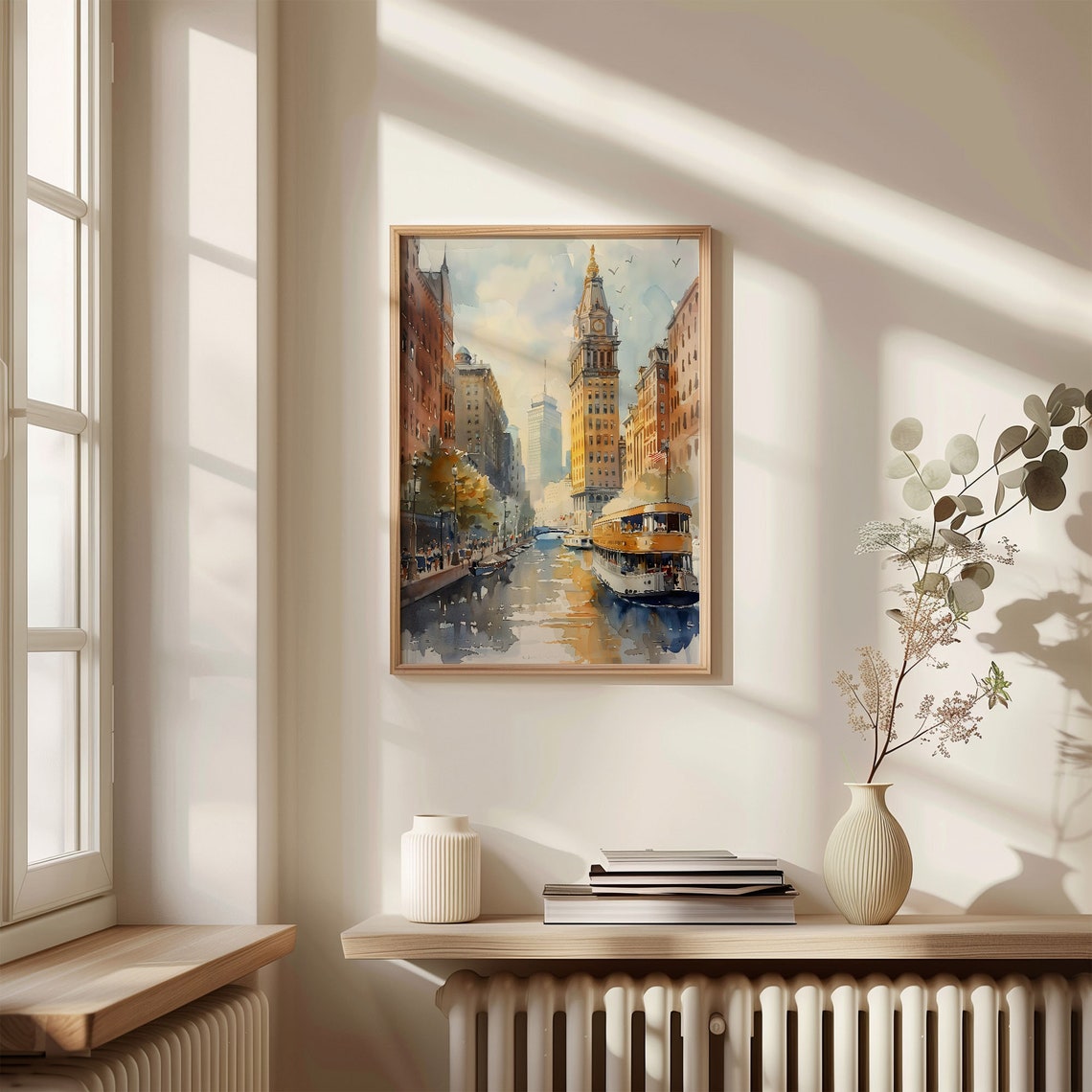 Boston Custom House Tower Canal Ferry Autumn Watercolor Print - Image 4