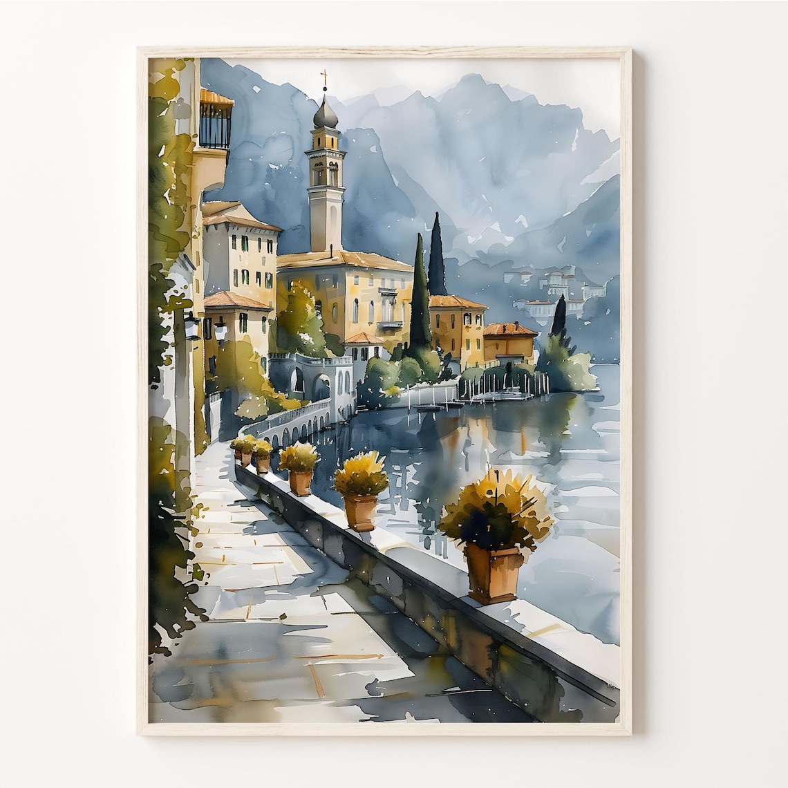 Lake Como Italy Lakeside Promenade Church Watercolor Painting Poster