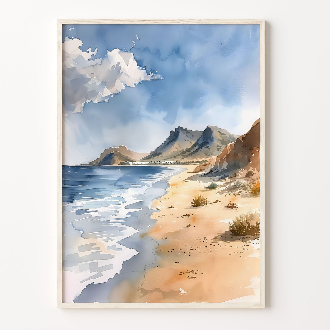 Lanzarote Beach Watercolor Poster Volcanic Shore Waves Peaks Blue