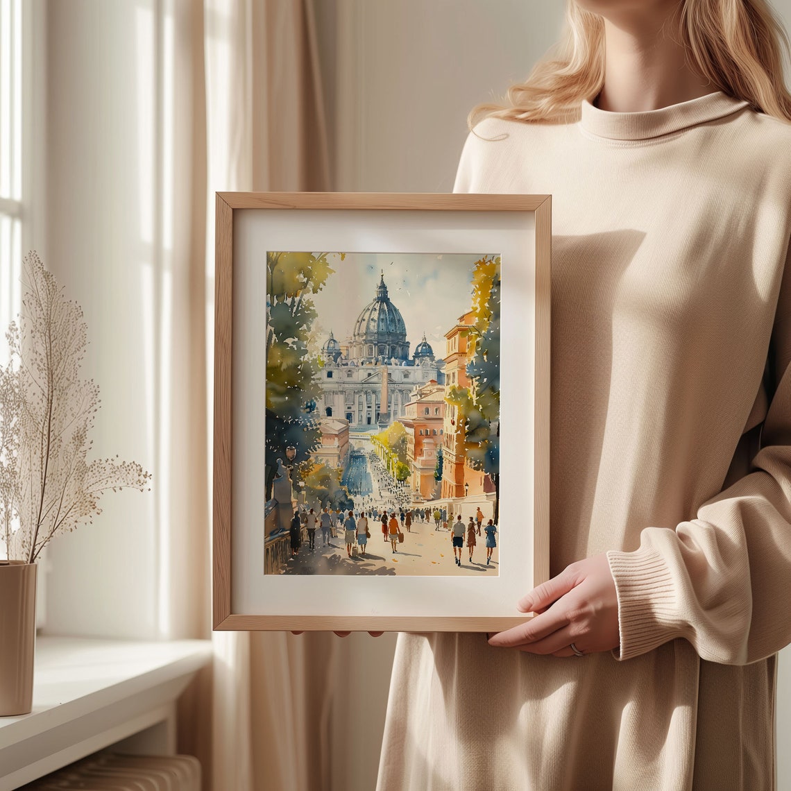 St Peters Basilica Rome Crowded Square Sunny Watercolor Print - Image 2