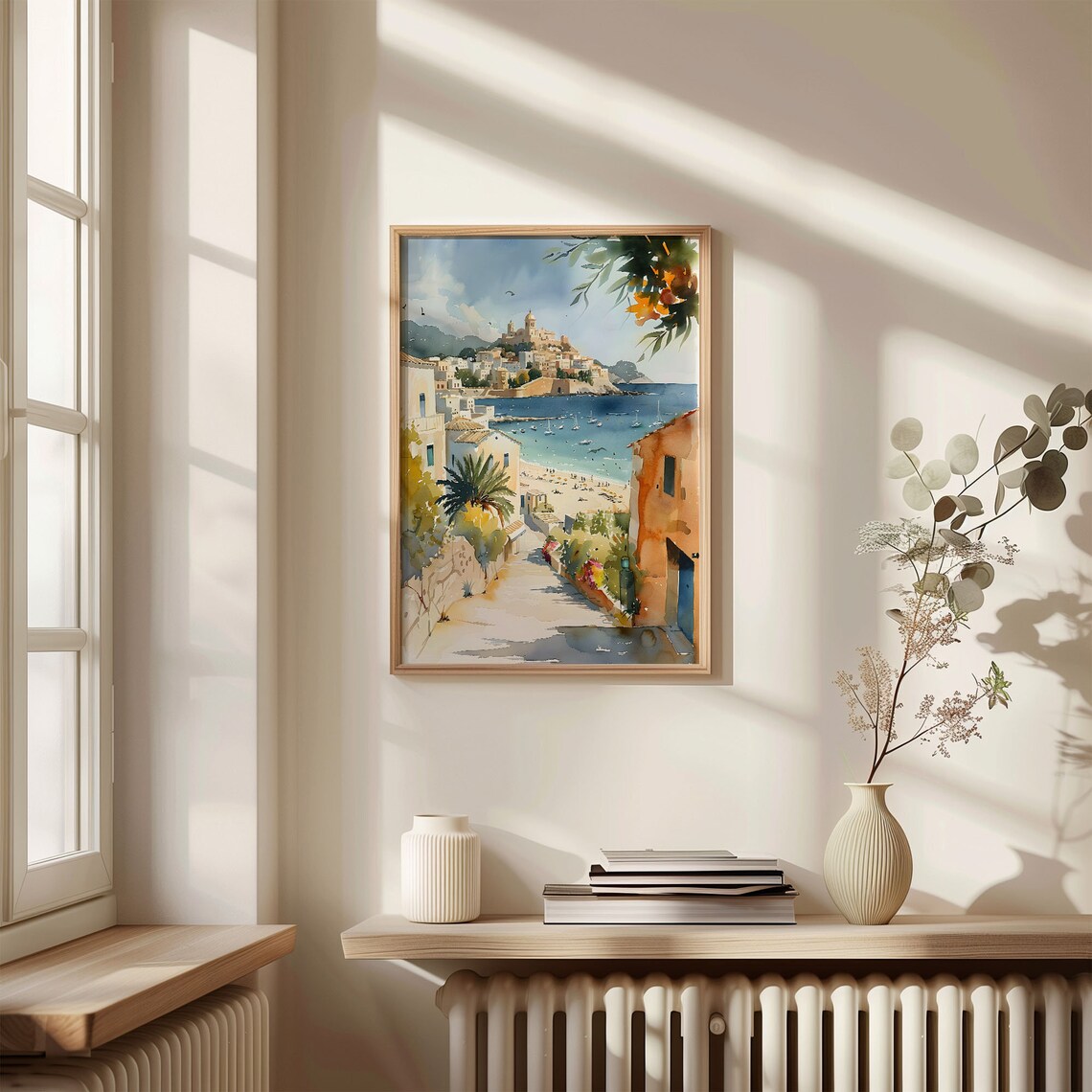 Ibiza Spain Old Town Hilltop Bay Sailing Boats Watercolor Poster - Image 4
