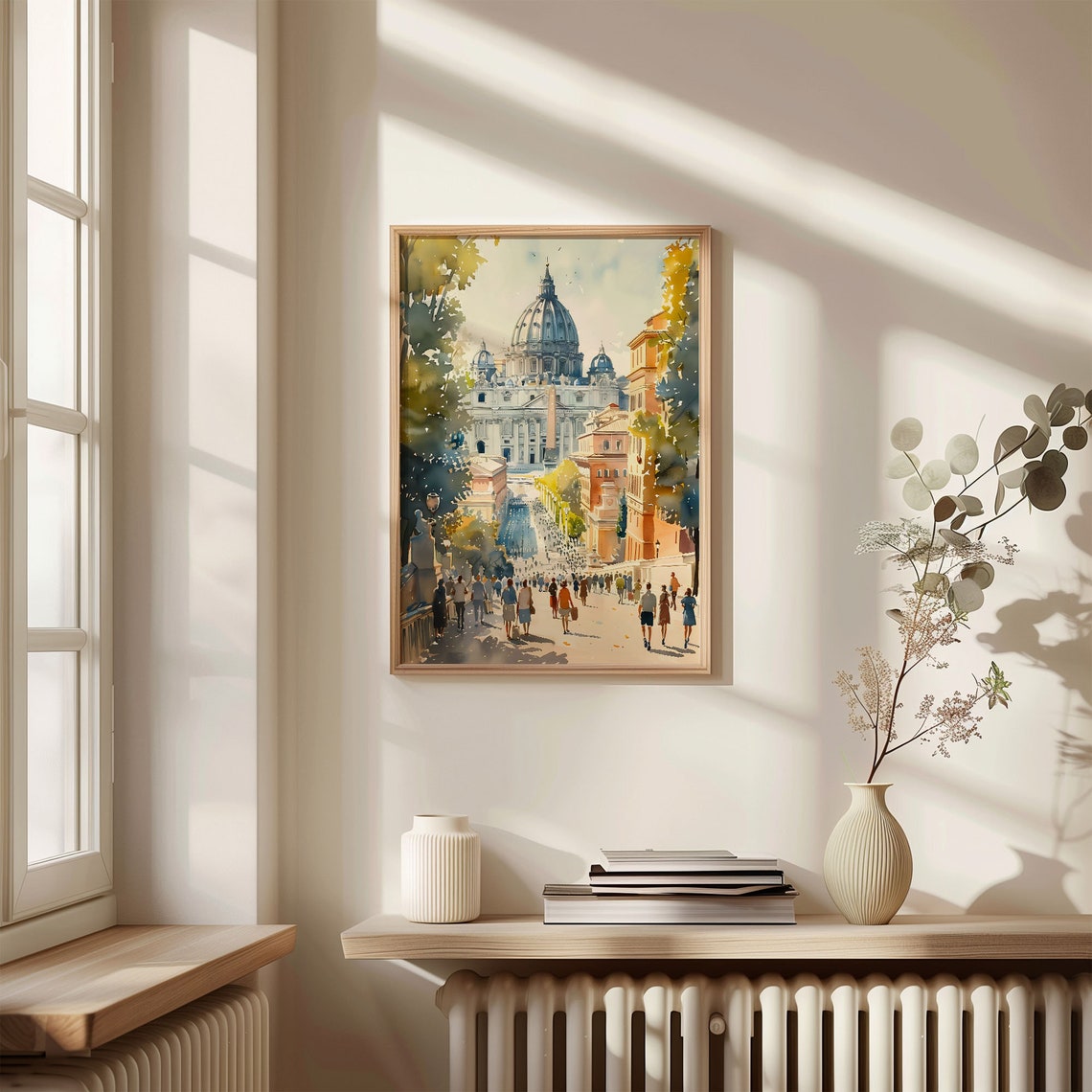 St Peters Basilica Rome Crowded Square Sunny Watercolor Print - Image 4