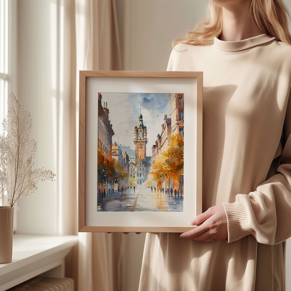 European Boulevard Historic Clock Tower Autumn Watercolor Poster - Image 2