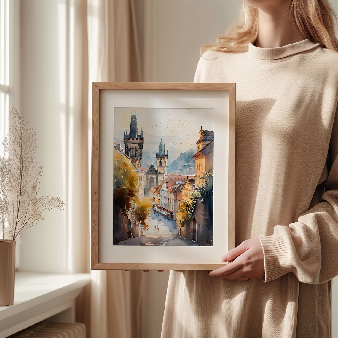 Prague Old Town Church Spires Autumn Street Watercolor Print - Image 2